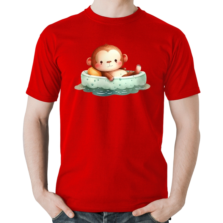 Camiseta Algodão Ursinho Bebê Na Piscina  - Vermelha