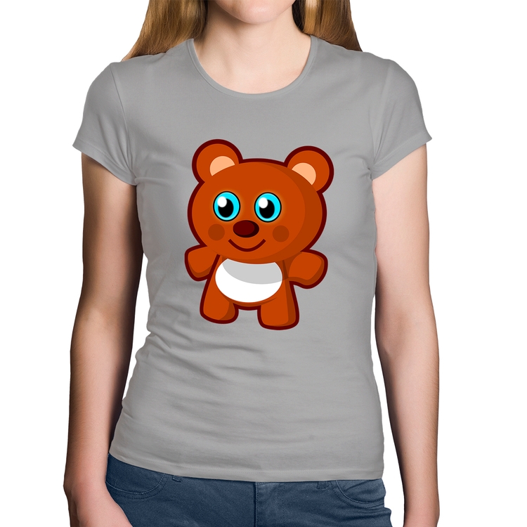 Baby Look Algodão Ursinho Desenho - Cinza