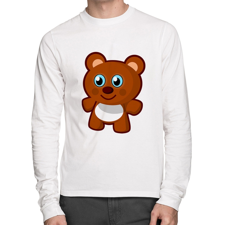 Camiseta Algodão Ursinho Desenho Manga Longa - Branca