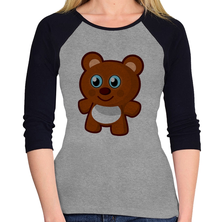 Baby Look Raglan Ursinho Desenho Manga 3/4 - Cinza/Preto