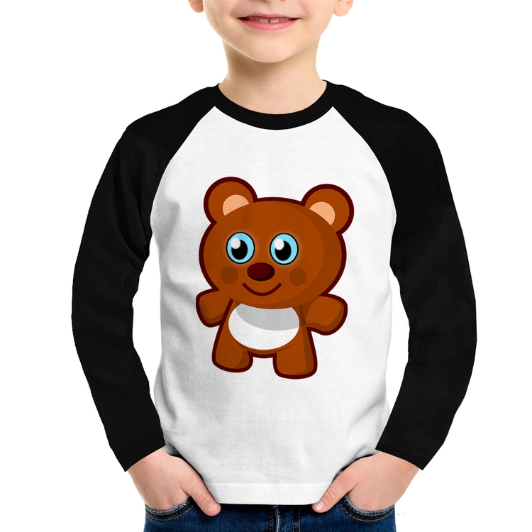 Camiseta Raglan Infantil Ursinho Desenho Manga Longa
