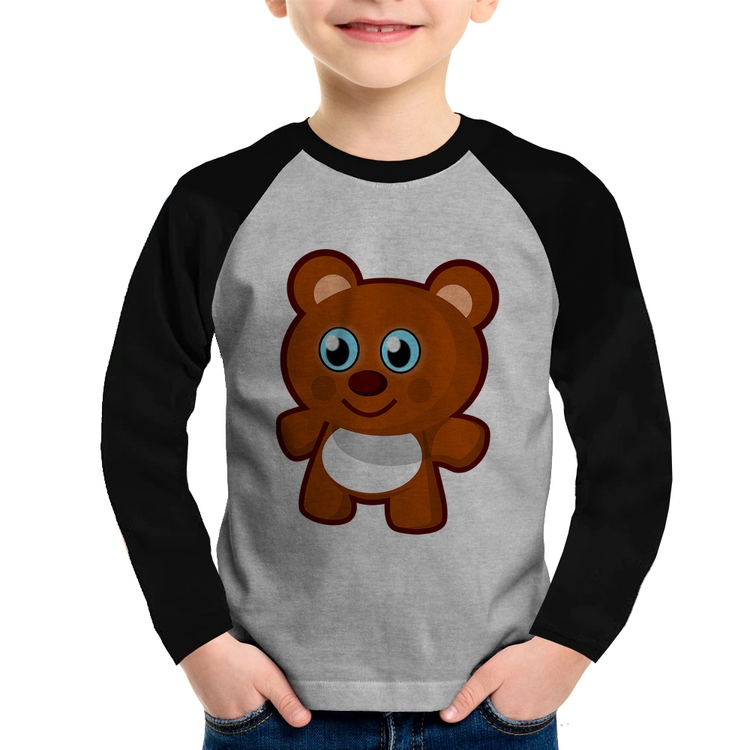 Camiseta Raglan Infantil Ursinho Desenho Manga Longa - Cinza/Preto