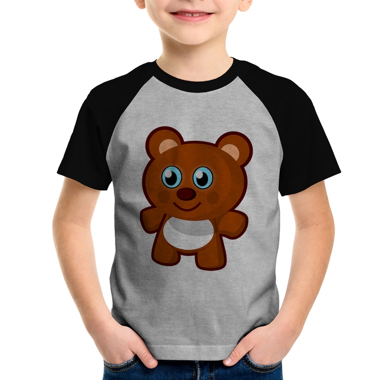 Camiseta Raglan Infantil Ursinho Desenho - Cinza/Preto