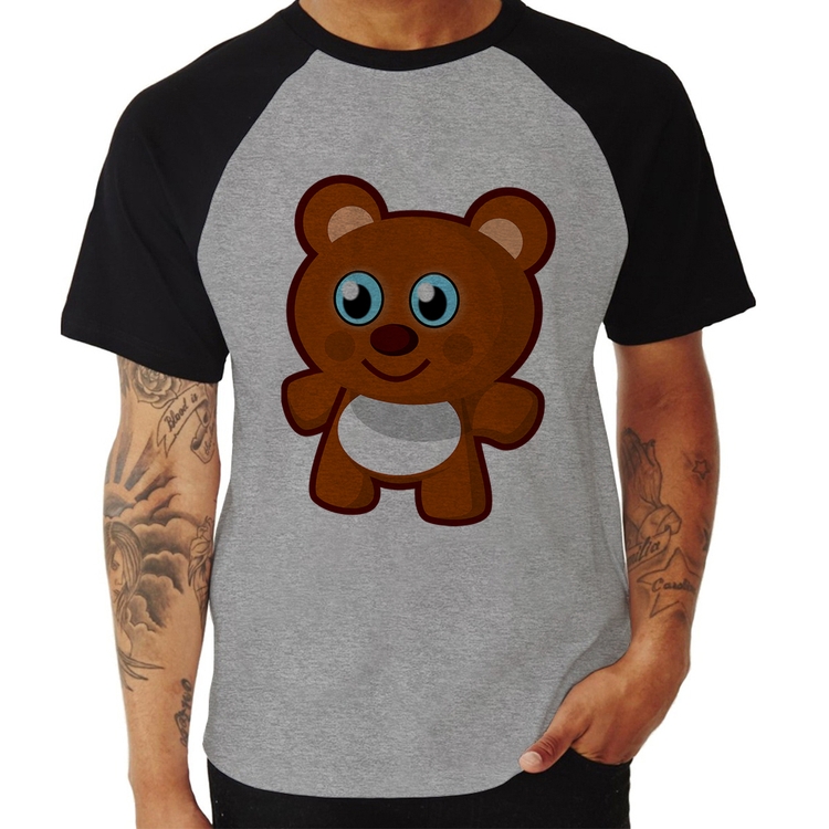 Camiseta Raglan Ursinho Desenho - Cinza/Preto