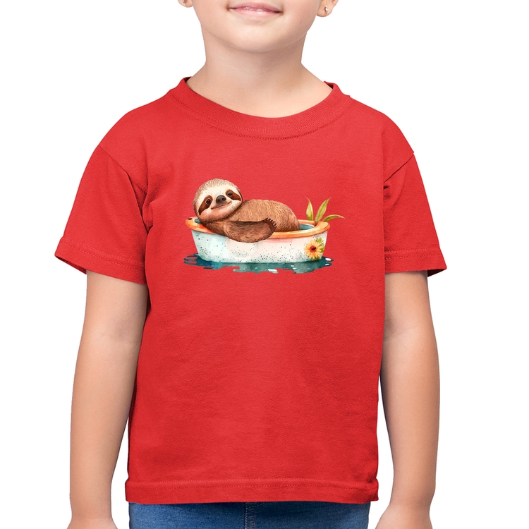Camiseta Algodão Infantil Ursinho Panda Relaxando Na Piscina - Vermelha