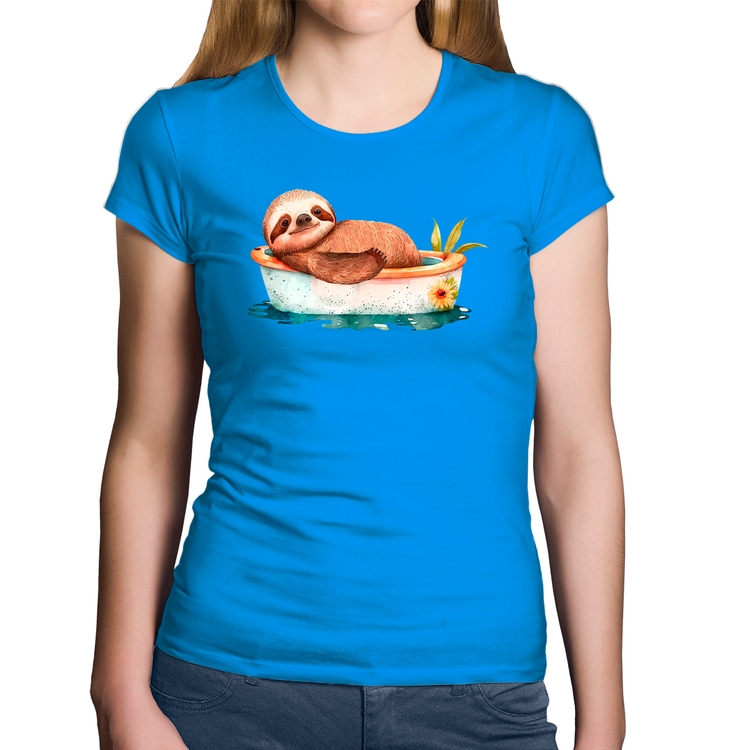 Baby Look Algodão Ursinho Panda Relaxando Na Piscina - Azul