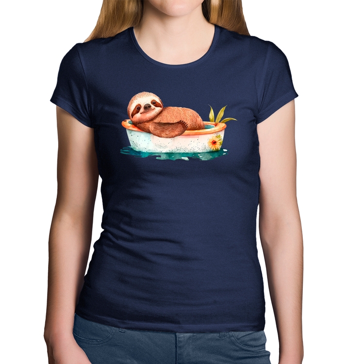 Baby Look Algodão Ursinho Panda Relaxando Na Piscina - Marinho