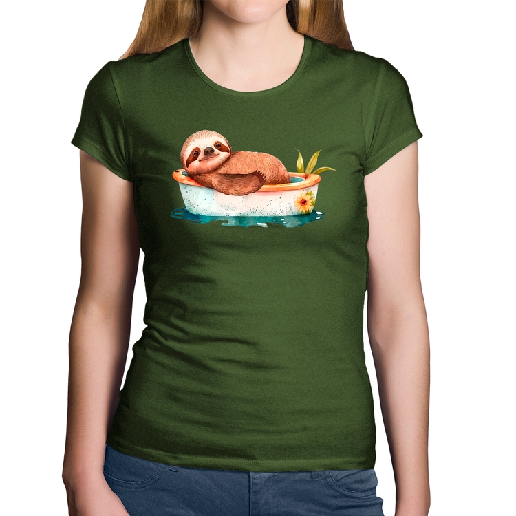 Baby Look Algodão Ursinho Panda Relaxando Na Piscina - Musgo