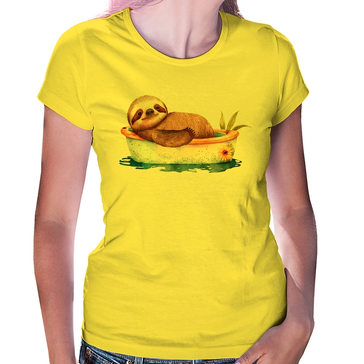 Baby Look Ursinho Panda Relaxando Na Piscina - Amarela