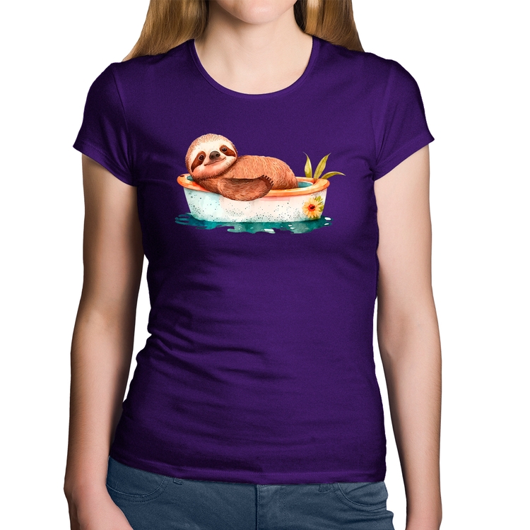 Baby Look Algodão Ursinho Panda Relaxando Na Piscina - Roxa