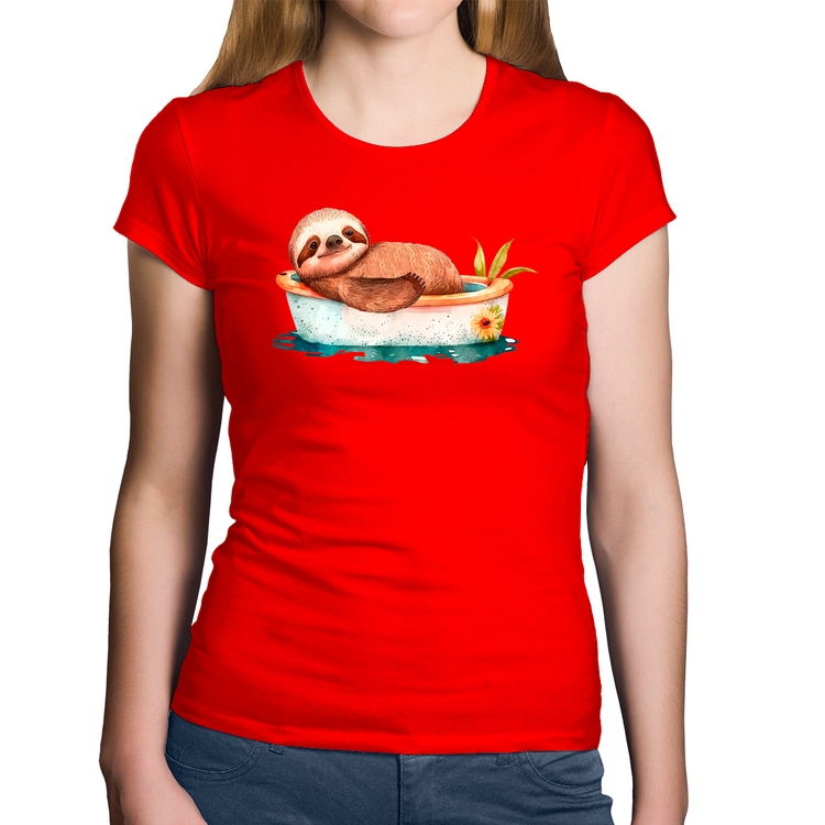 Baby Look Algodão Ursinho Panda Relaxando Na Piscina - Vermelha