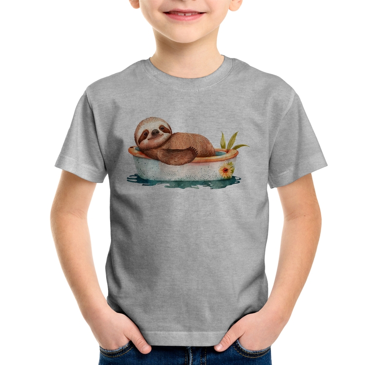 Camiseta Infantil Ursinho Panda Relaxando Na Piscina - Cinza