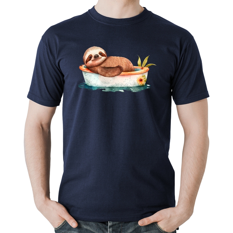 Camiseta Algodão Ursinho Panda Relaxando Na Piscina - Marinho