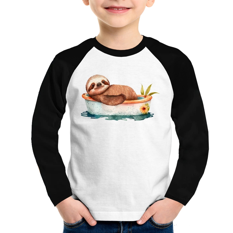 Camiseta Raglan Infantil Ursinho Panda Relaxando Na Piscina Manga Longa