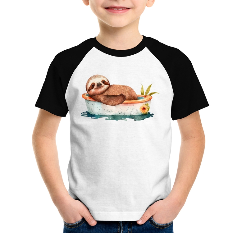 Camiseta Raglan Infantil Ursinho Panda Relaxando Na Piscina