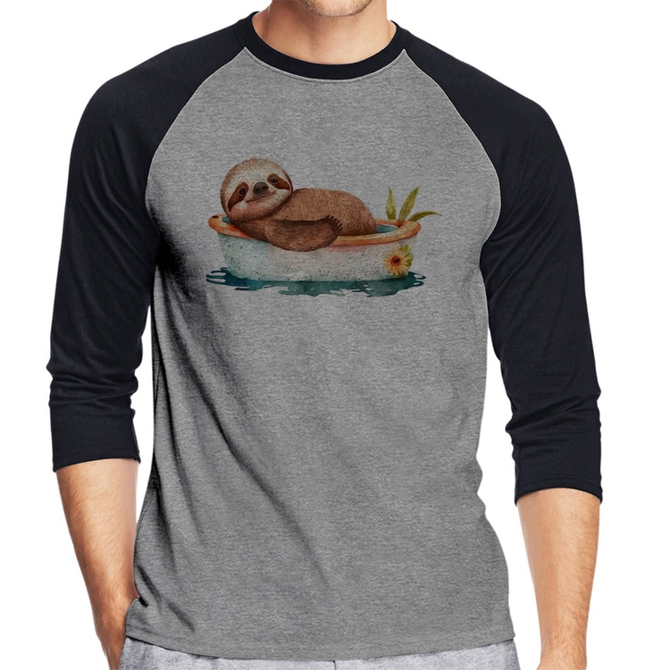 Camiseta Raglan Ursinho Panda Relaxando Na Piscina Manga 3/4 - Cinza/Preto