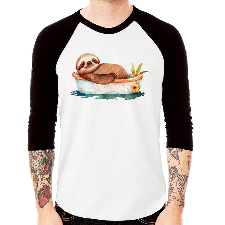 Camiseta Raglan Ursinho Panda Relaxando Na Piscina Manga 3/4