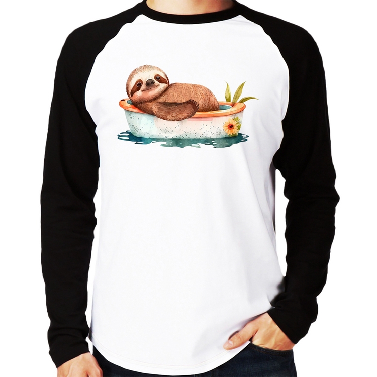Camiseta Raglan Ursinho Panda Relaxando Na Piscina Manga Longa