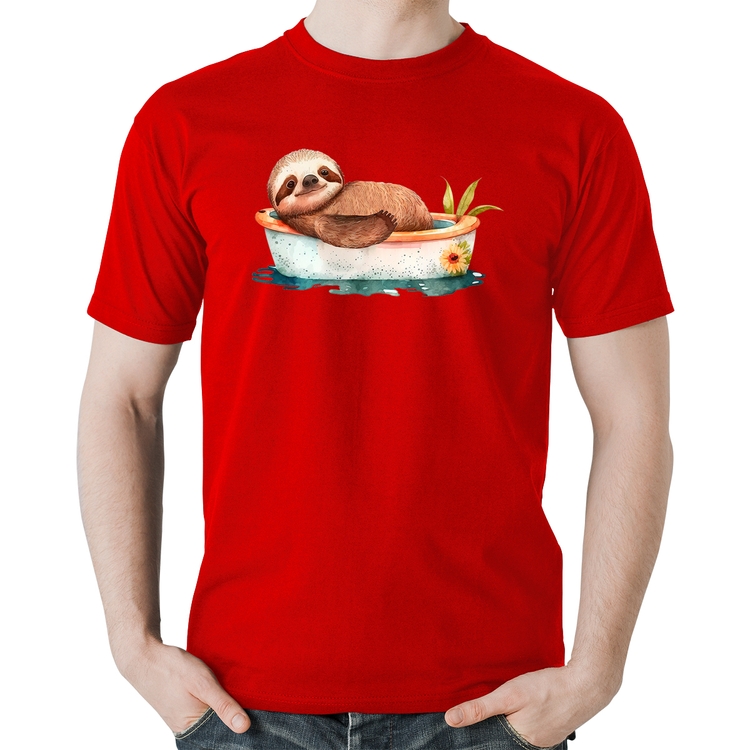 Camiseta Algodão Ursinho Panda Relaxando Na Piscina - Vermelha