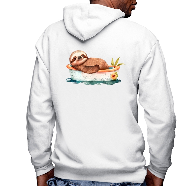 Blusa Moletom Ursinho Panda Relaxando Na Piscina Masculina com Capuz e Zíper - Branca