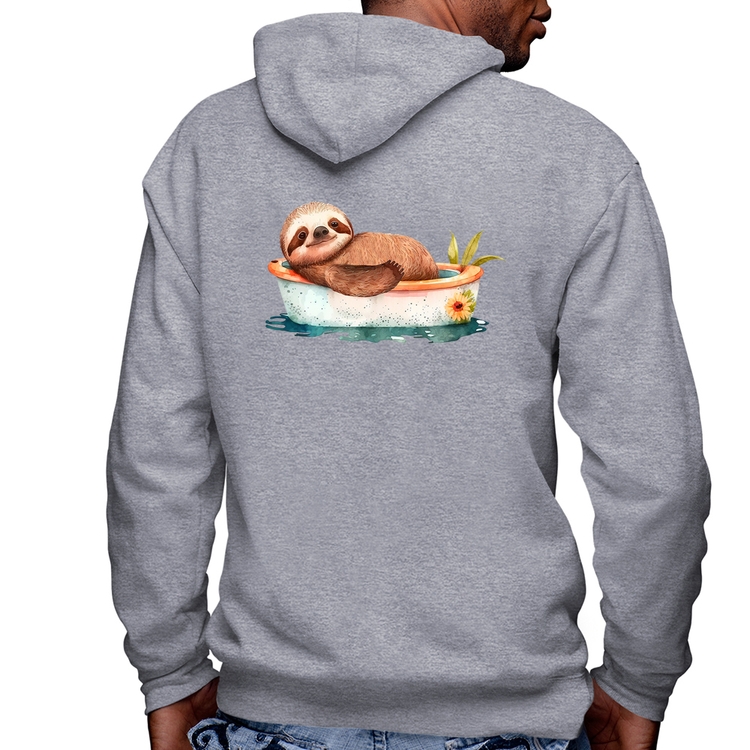 Blusa Moletom Ursinho Panda Relaxando Na Piscina Masculina com Capuz e Zíper - Mescla