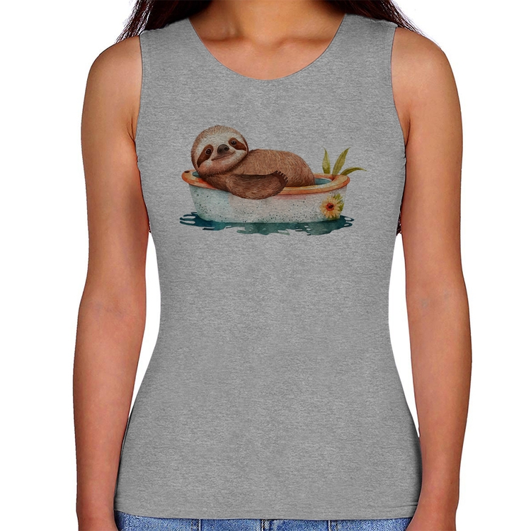 Regata Feminina Ursinho Panda Relaxando Na Piscina - Cinza