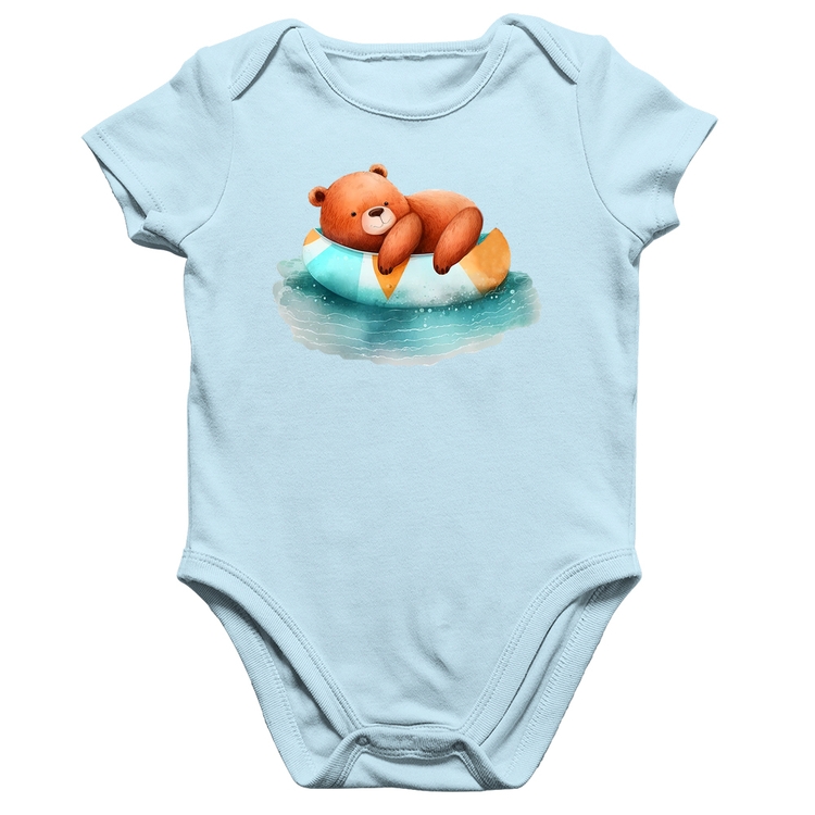 Body Bebê Algodão Ursinho Teddy Relaxando Na Piscina - Azul Bebê
