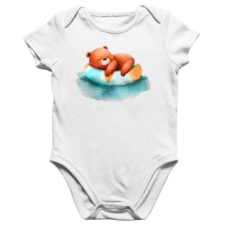 Body Bebê Algodão Ursinho Teddy Relaxando Na Piscina - Branco