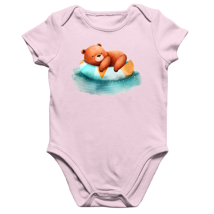 Body Bebê Algodão Ursinho Teddy Relaxando Na Piscina - Rosa Bebê