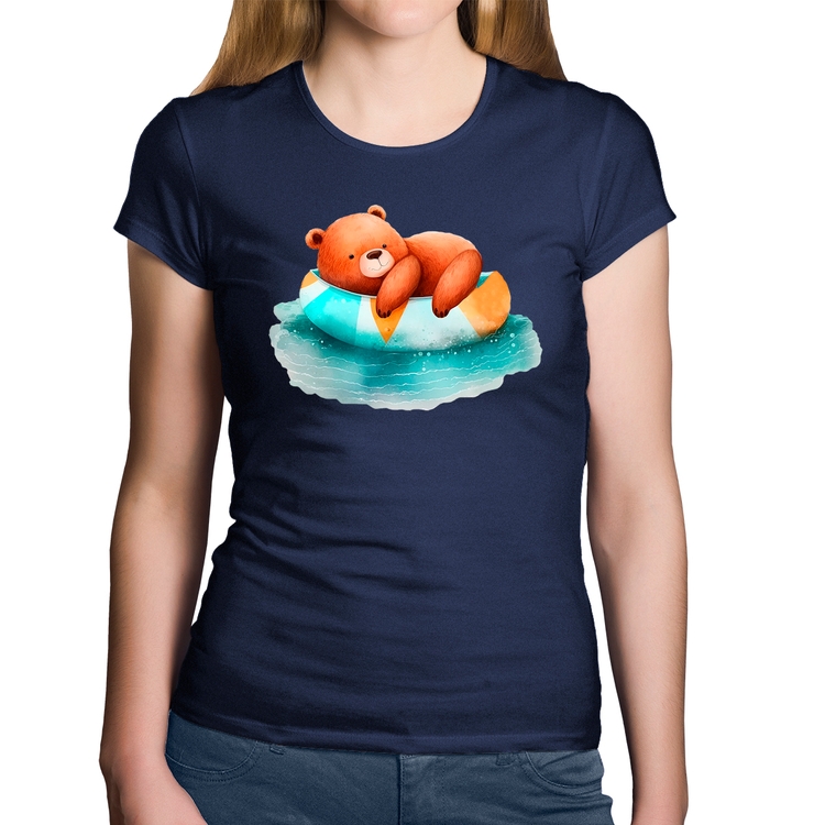 Baby Look Algodão Ursinho Teddy Relaxando Na Piscina - Marinho