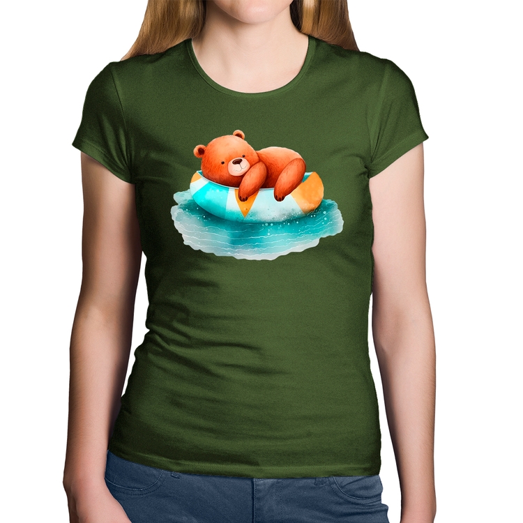 Baby Look Algodão Ursinho Teddy Relaxando Na Piscina - Musgo