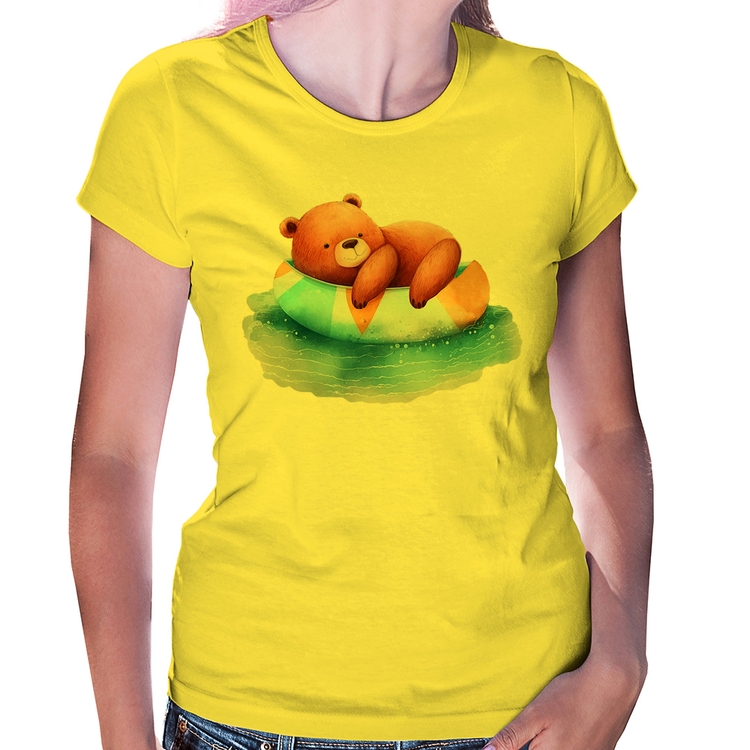 Baby Look Ursinho Teddy Relaxando Na Piscina - Amarela