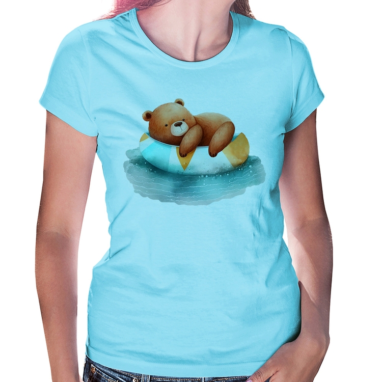 Baby Look Ursinho Teddy Relaxando Na Piscina - Azul Bebê