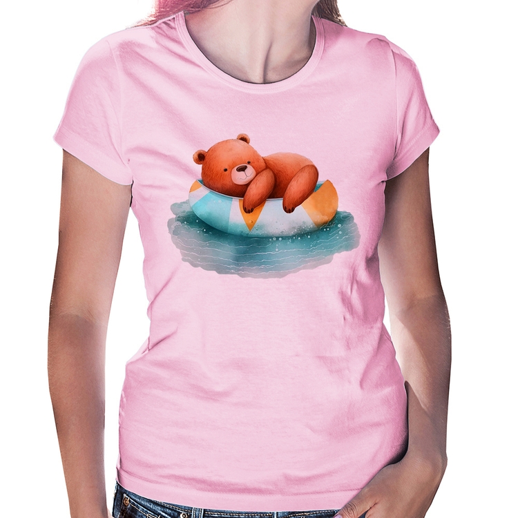 Baby Look Ursinho Teddy Relaxando Na Piscina - Rosa Bebê