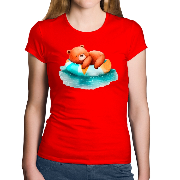 Baby Look Algodão Ursinho Teddy Relaxando Na Piscina - Vermelha