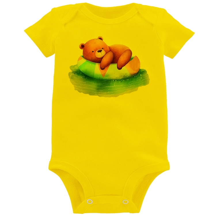 Body Bebê Ursinho Teddy Relaxando Na Piscina - Amarelo