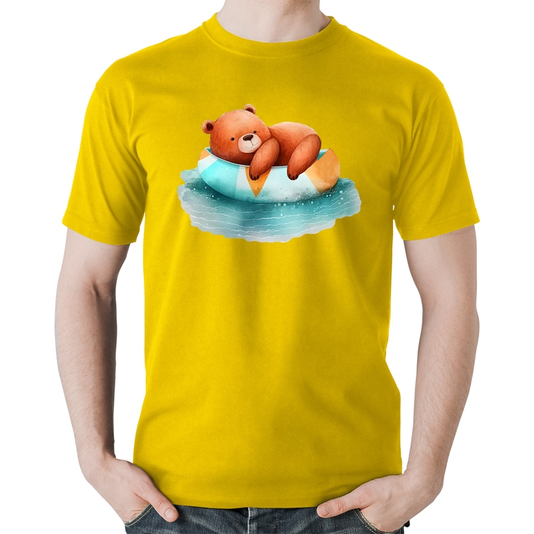 Camiseta Algodão Ursinho Teddy Relaxando Na Piscina - Amarela