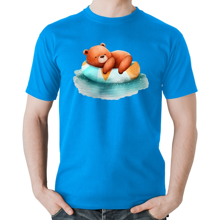 Camiseta Algodão Ursinho Teddy Relaxando Na Piscina - Azul