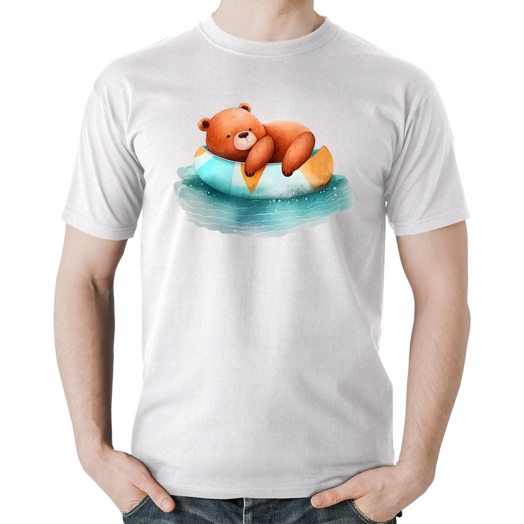 Camiseta Algodão Ursinho Teddy Relaxando Na Piscina - Branca