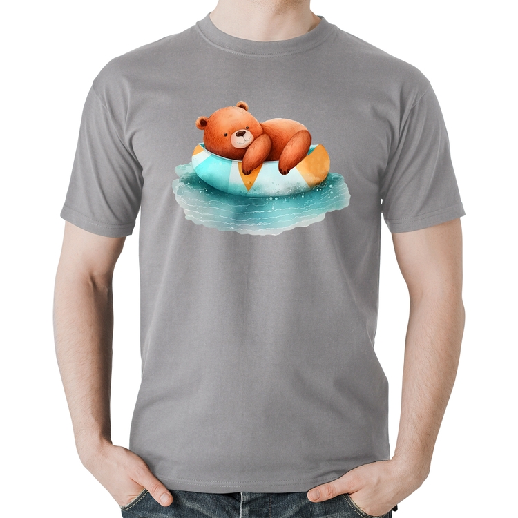 Camiseta Algodão Ursinho Teddy Relaxando Na Piscina - Cinza