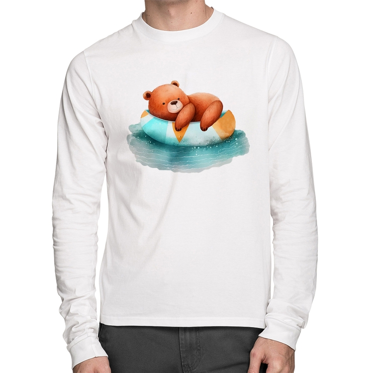 Camiseta Algodão Ursinho Teddy Relaxando Na Piscina Manga Longa - Branca