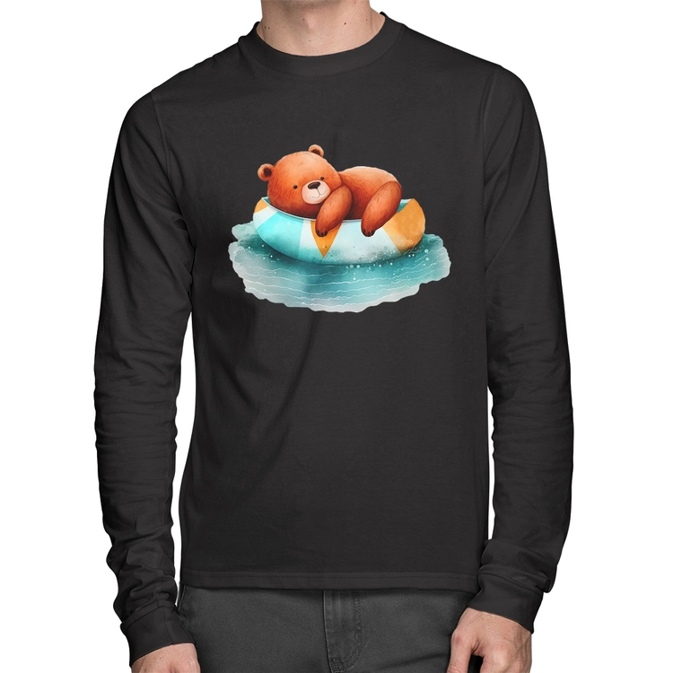 Camiseta Algodão Ursinho Teddy Relaxando Na Piscina Manga Longa
