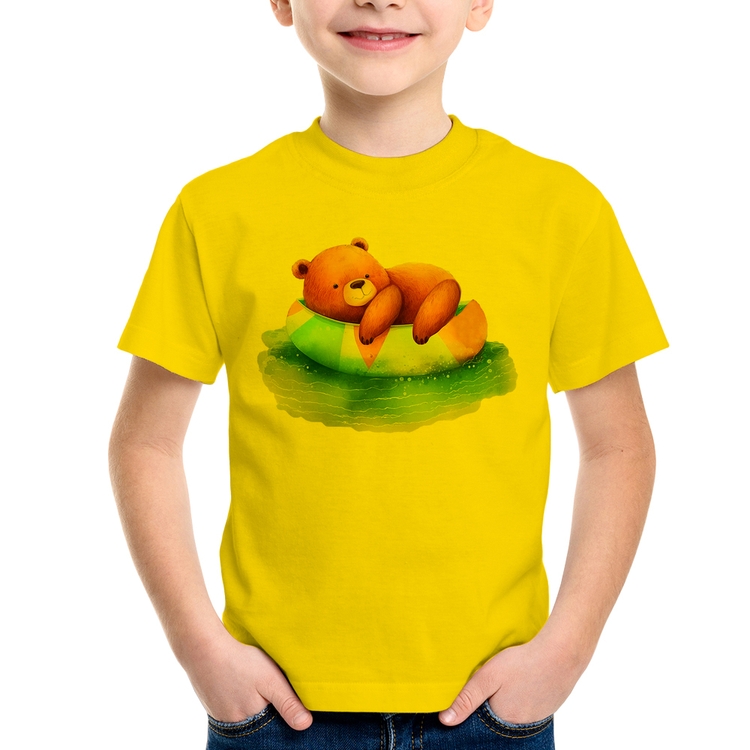 Camiseta Infantil Ursinho Teddy Relaxando Na Piscina - Amarela