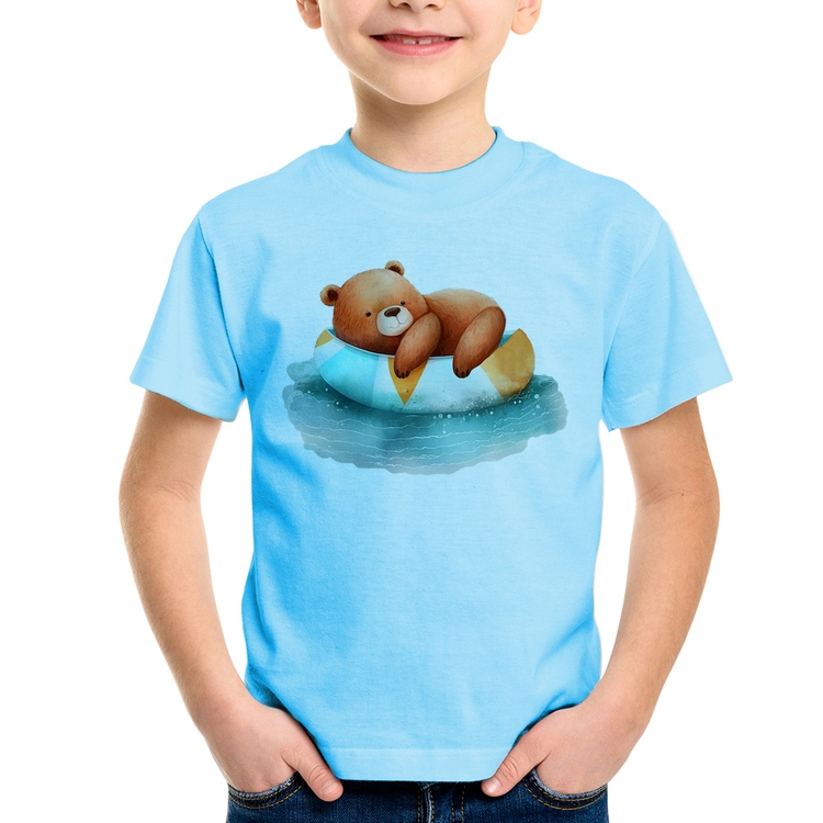 Camiseta Infantil Ursinho Teddy Relaxando Na Piscina - Azul Bebê