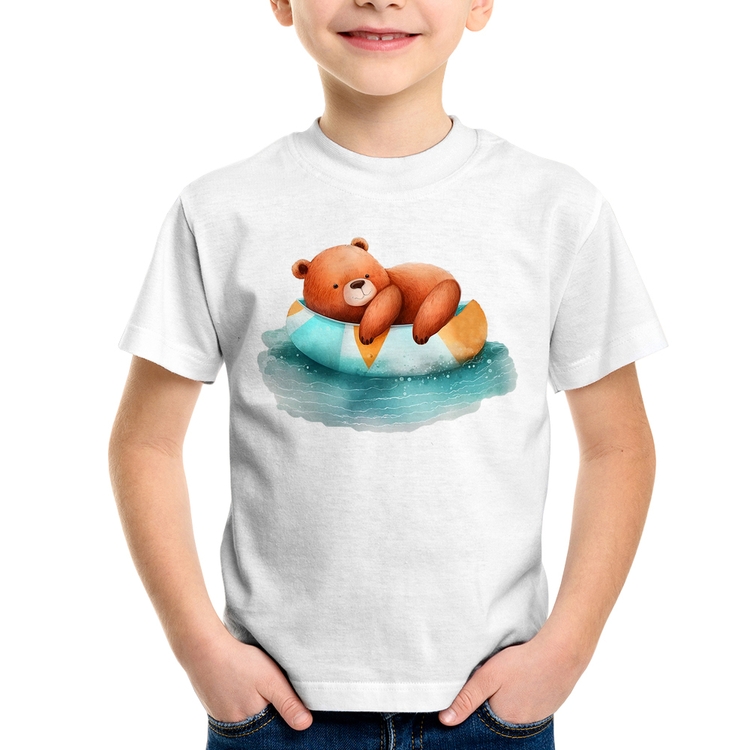 Camiseta Infantil Ursinho Teddy Relaxando Na Piscina
