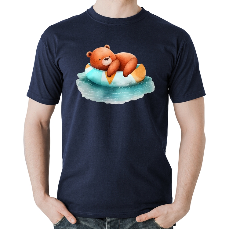 Camiseta Algodão Ursinho Teddy Relaxando Na Piscina - Marinho