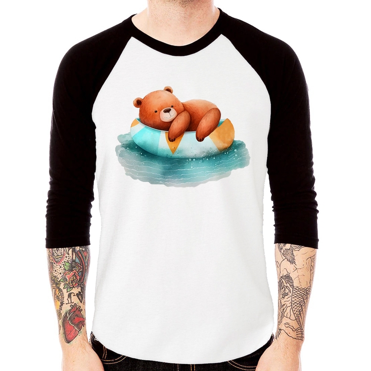 Camiseta Raglan Ursinho Teddy Relaxando Na Piscina Manga 3/4