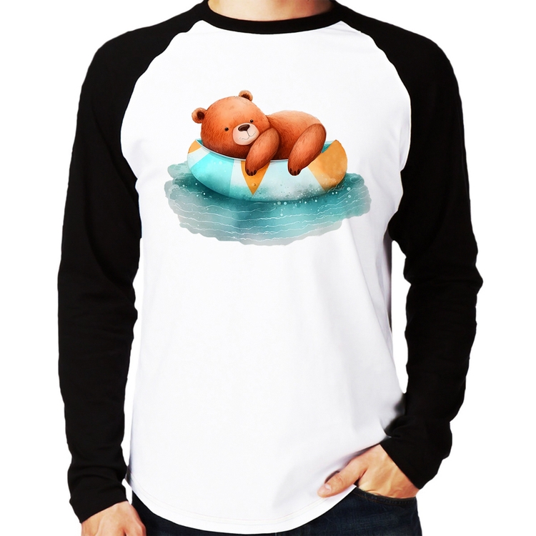 Camiseta Raglan Ursinho Teddy Relaxando Na Piscina Manga Longa