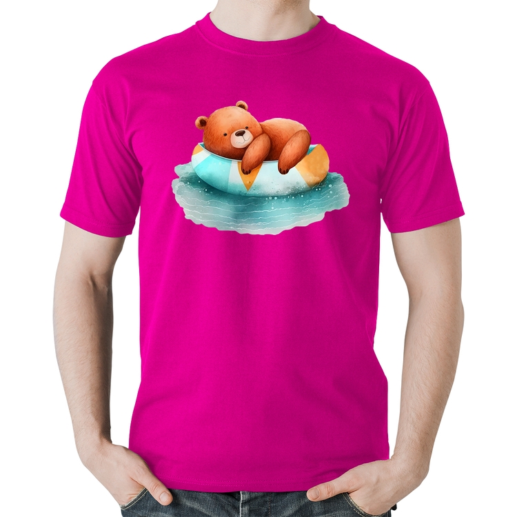 Camiseta Algodão Ursinho Teddy Relaxando Na Piscina - Rosa
