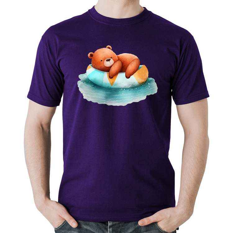 Camiseta Algodão Ursinho Teddy Relaxando Na Piscina - Roxa